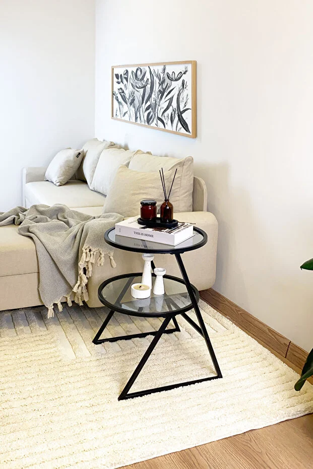 Valencia Yan Sehpa - Siyah Metal Şeffaf Camlı Çok Amaçlı Koltuk Sehpası Zigon Sehpa Servis Sehpası